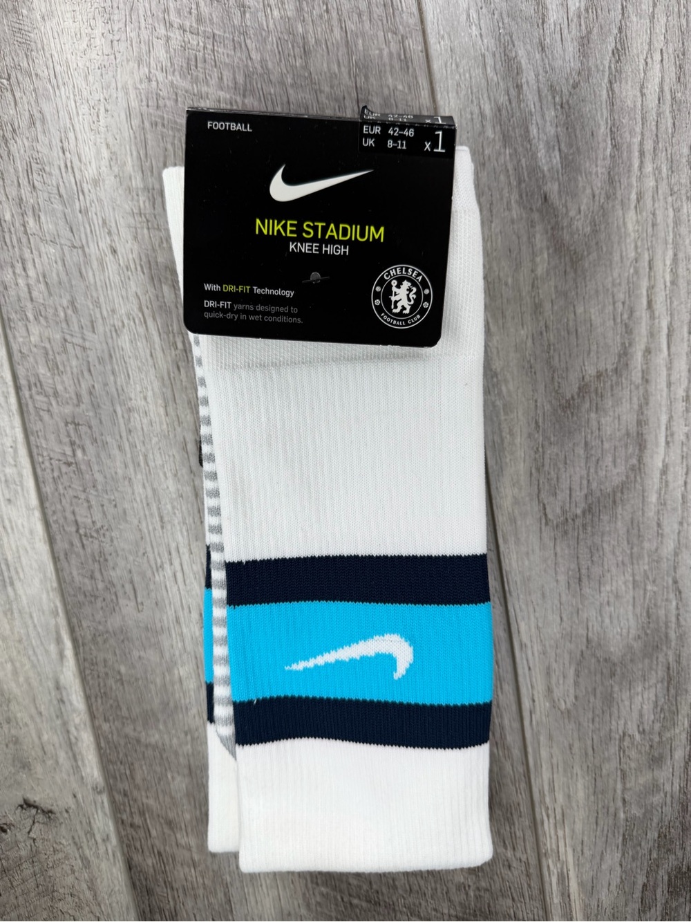 Nike Chelsea FC Knee High Athletic Socks - White with Navy & Light Blue Stripes